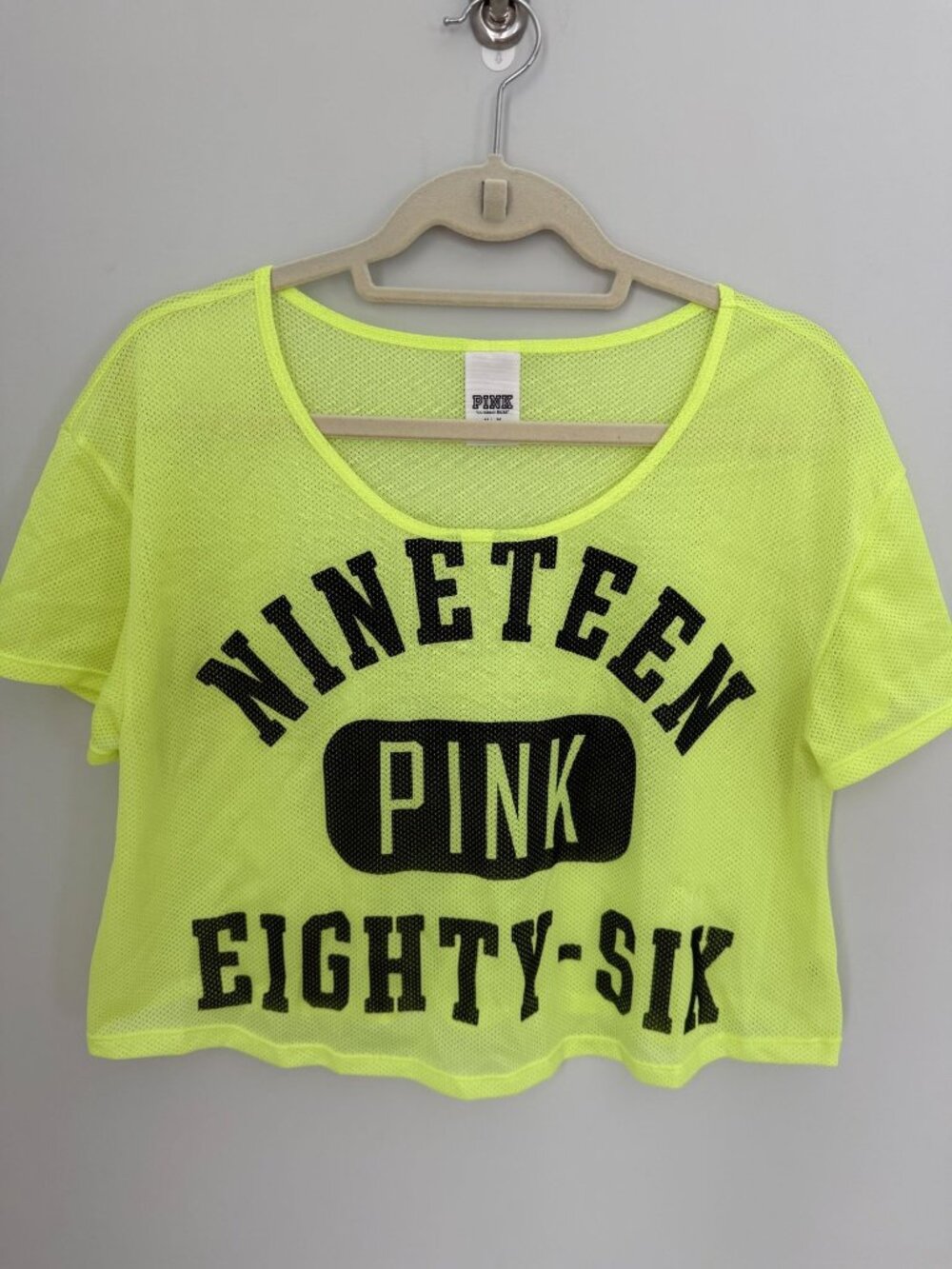 PINK Victoria's Secret Neon Yellow Mesh Crop Top Graphic Shirt Medium